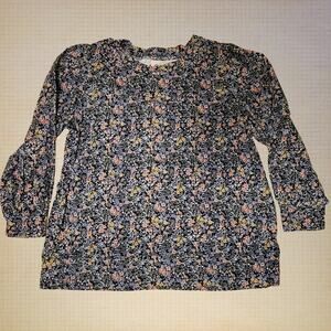 LOFT Women's Large Floral Blouse Black Long Statement Sleeves Boho Flowy Top